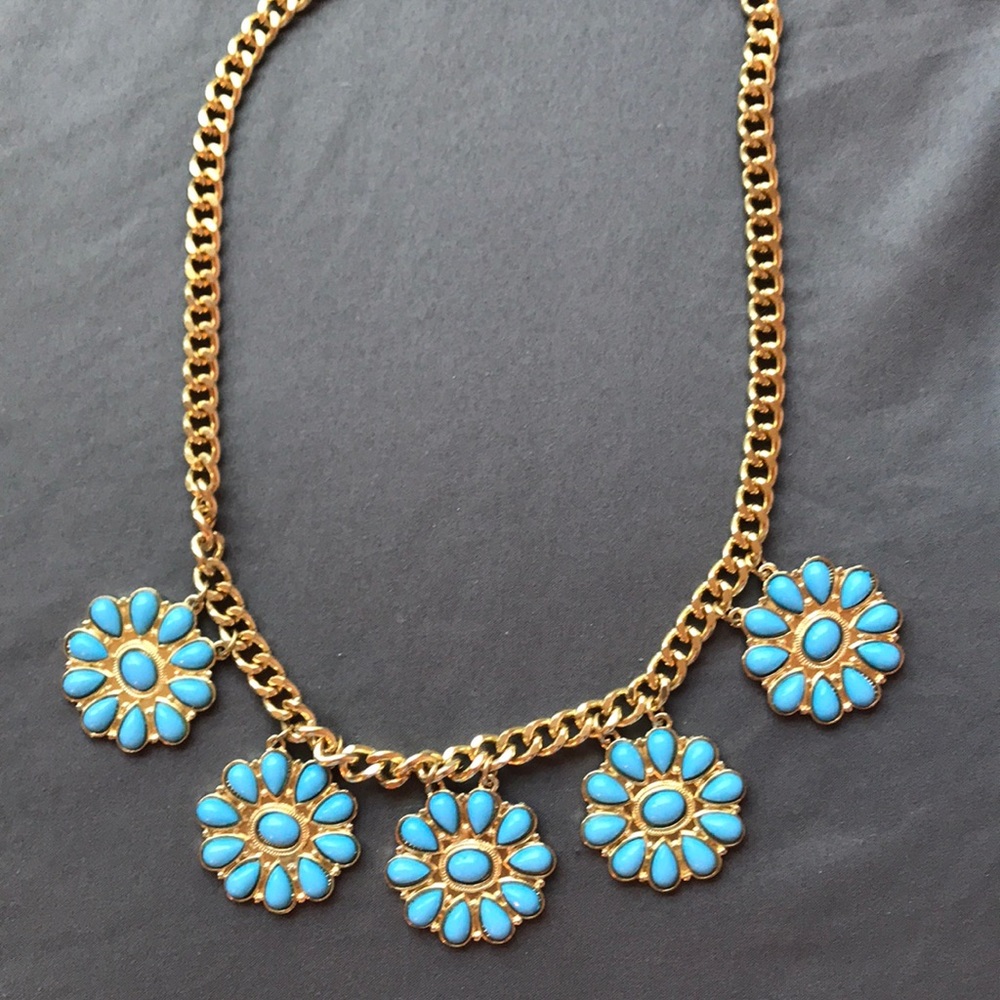 Blue coin flower statement necklace